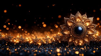 Ornate Gold Jewel Flower on Glittering Background
