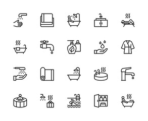 Showering and bathing related vector linear icons set. Contains such icons as hand washing, faucet, towel, shower and more.