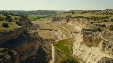 Aerial View of Scenic Canyon Landscape with Dry Riverbed and Lush Green Valley Under Clear Sky