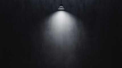 Single spotlight illuminates dark wall.