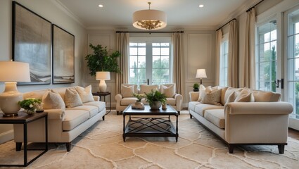 Fototapeta premium Chic living area with beige carpet and sofa