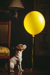 Small chihuahua dog looking a big yellow balloon floating in a dark room with a chair and a lamp