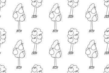 Hand-drawn seamless pattern with apple and pear trees in black and white, ideal for coloring books or activities.