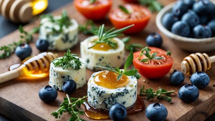 Colorful appetizers featuring blue mold cheese and herbs
