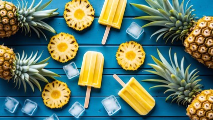 Colorful pineapple slices on blue wooden table