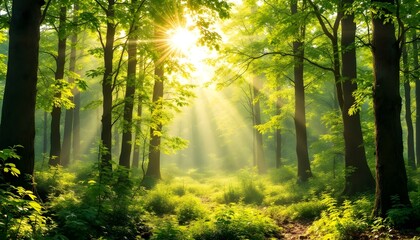 Obraz premium Golden Rays Illuminate a Tranquil Woodland