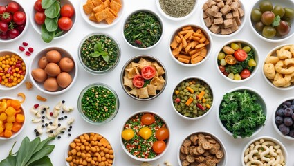 Colorful vegetarian snacks array on white background