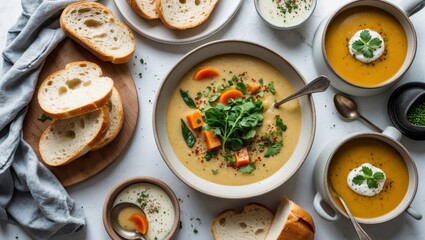 Comforting creamy vegan soups with fresh bread slices