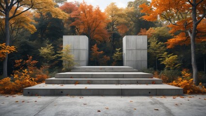 Naklejka premium Concrete podium surrounded by vibrant fall foliage