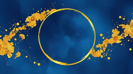 Fototapeta premium Gold Circle Frame on Dark Blue Watercolor, Golden Splatter, High-Resolution Art
