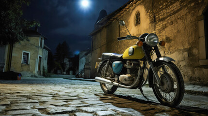 Obraz premium Vintage motorcycle parked on a cobblestone street under a full moon at night in an old European town