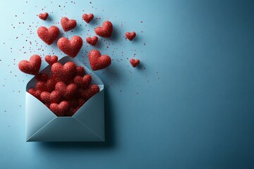 Red hearts flying out of an open envelope blue Background