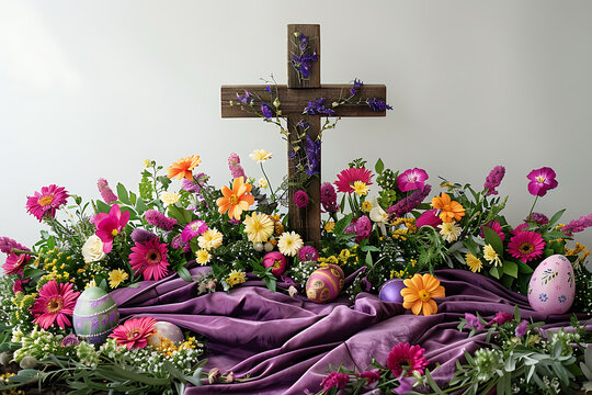 easter still life, a bright easter cross adorned with flowers and eggs, covered with purple fabric, set against a white backdrop