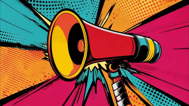 Pop art megaphone. Colorful background in pop art retro comic style. Pop art animation video. Pop art style product promotion, advertisement, announcement background video.
