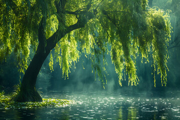 nature photography, high-quality photography capturing weeping willows swaying in the wind