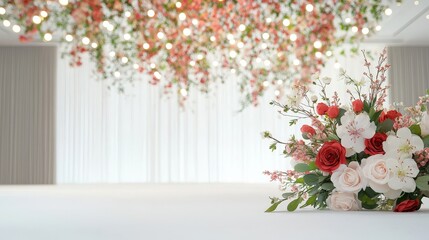 Fototapeta premium A white background with a red and white flower arrangement