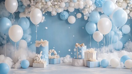 Baby blue and white balloon backdrop with gifts, celebration scene