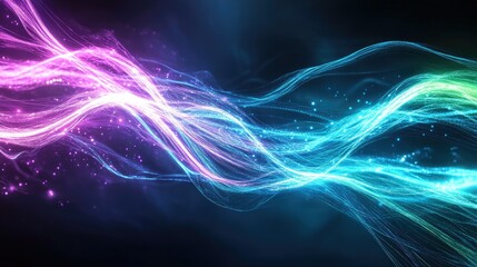 Futuristic energy waves in motion vibrant pink, blue, teal light trails forming dynamic flowing pattern on dark background. Sparkling dots of light enhance the ethereal and high-tech aesthetic.

