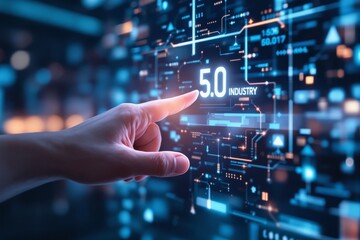 Hand touching glowing Industry 5. 0 digital interface, futuristic blue graphics, blurred background, concept of innovation and advanced technology