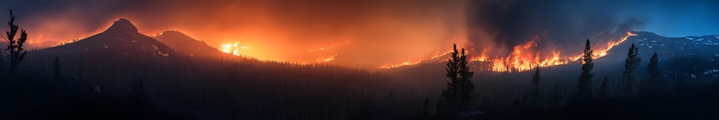 Obraz premium Overlooking mountain fire rescue scene with impressive high-definition details, showcasing master-level photography skills and perfect composition. Firefighters in action during a dramatic rescue 