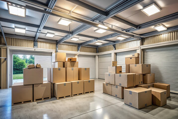 Storage facility with stacked cardboard boxes	