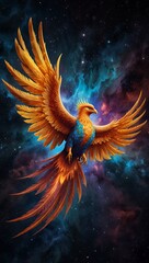 A cosmic phoenix soars through a nebula, its feathers shimmering with galactic energy. Stars reflect in its radiant form as it leaves a trail of celestial fire.