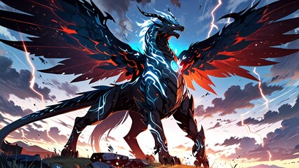 A highly detailed mythical beast with glowing eyes and elemental power, standing in a fantasy landscape. Its majestic wings spread wide, surrounded by energy, creating an awe-inspiring presence.
