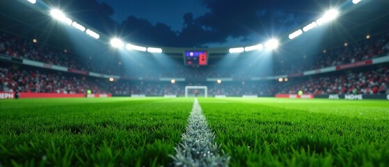 Night Soccer Stadium, Illuminated Grass, Realistic AI Photo, Stadium Lights, Green Field,  Amazing Atmosphere