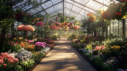 Obraz premium Flowers in a greenhouse or horticultural business, 16:9