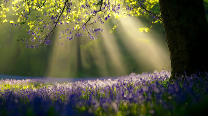 Obraz premium Serene Woodland Field Carpeted with Bluebells in Dorset England