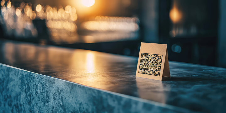 Paper sign with Qr code on the counter of a bar. Modern technology, graphic code for payment or downloading the menu of a restaurant cafe.