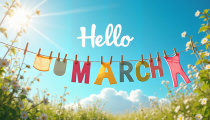 Hello March text on clothesline with daisies in sunny field