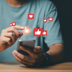 Social media icons, floating holographic notifications, smartphone in hands, digital engagement, likes and followers, blue tones, modern technology, user interaction, social networking concept, glowin