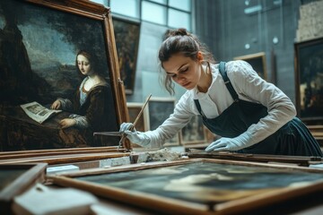 Restoration expert working on historical paintings in a museum gallery during daylight