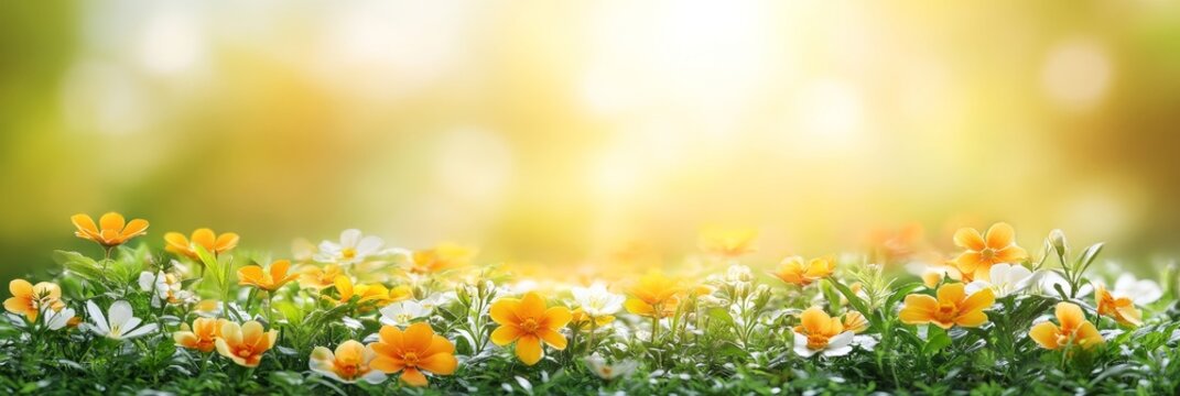 Spring Flowers Panorama,. Lush Green Grass With. Bright Yellow, and Dreamy Bokeh Background