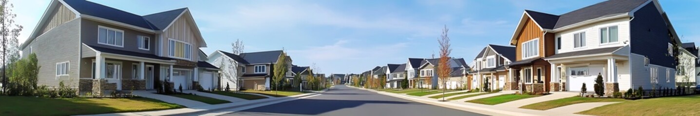 Obraz premium Row of houses with well-maintained roads, showcasing real estate in a realistic high-definition style with amazing details and perfect composition, captured with master photography skills.