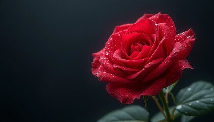 Single red rose with dew against dark background