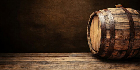 Wooden barrel placed on a large area of white space showcasing the natural wood texture, a design material with high-definition clarity, perfect composition, and amazing details captured with master 