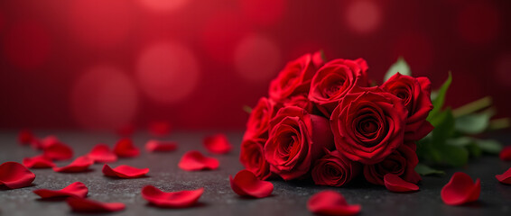 Bouquet of red roses in heart shape on dark surface surrounded by falling heart shaped petals, soft red bokeh background, romance concept, Valentine's Day.