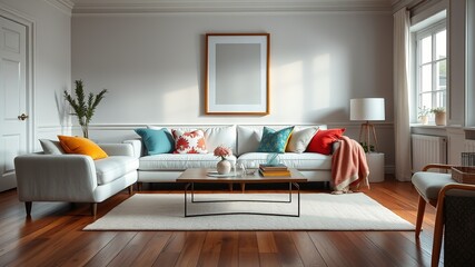 Scandinavian Living Room, Colorful Pillows, White Sofa, Art Poster