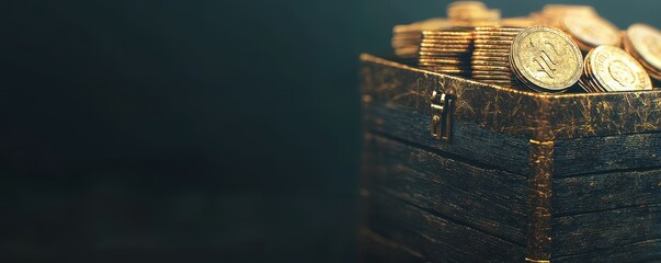 Antique Wooden Chest Overflowing with Golden Coins Wealth Treasure Concept