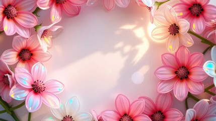 Fototapeta premium Floral frame with flowers shimmering holographic glares on pastel background, greeting cards, advertising, promotions, flower shops, events, Copy space.