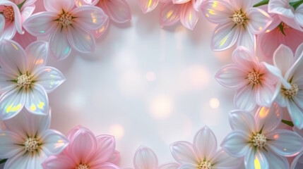 Fototapeta premium Floral frame with flowers shimmering holographic glares on pastel background, greeting cards, advertising, promotions, flower shops, events, Copy space.