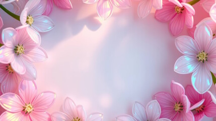 Fototapeta premium Floral frame with flowers shimmering holographic glares on pastel background, greeting cards, advertising, promotions, flower shops, events, Copy space.