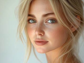 Naklejka premium Beautiful young woman with blond hair, natural makeup poses confidently in studio portrait. Pleasant smile, healthy skin. Photo focuses on beauty, facial features. Ideal for fashion magazines, beauty