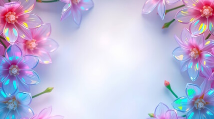 Obraz premium Floral frame with flowers shimmering holographic glares on pastel background, greeting cards, advertising, promotions, flower shops, events, Copy space.