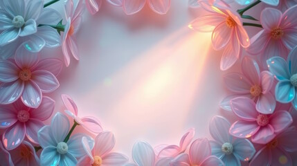 Obraz premium Floral frame with flowers shimmering holographic glares on pastel background, greeting cards, advertising, promotions, flower shops, events, Copy space.