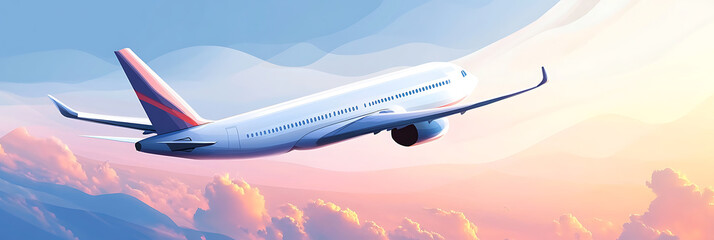 Fototapeta premium Passenger airplane flying in the sky with clear blue backdrop, perfect composition, and stunning aerial view, showcasing travel, transportation, and modern aviation technology.