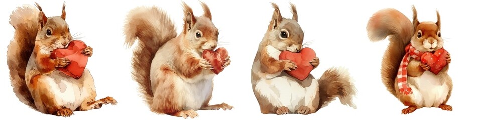 Obraz premium Four adorable squirrels holding heart-shaped objects, showcasing a theme of love and affection in a whimsical and playful manner.