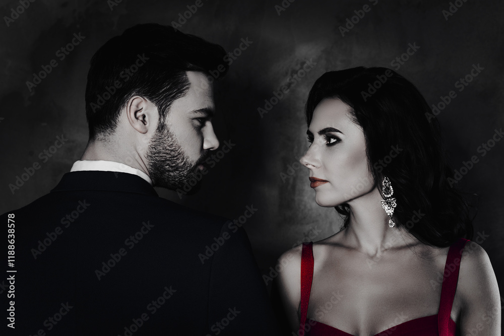 Poster rear view profile of brunet mr with stubble and pretty charming mrs with jewelry earring curls decol